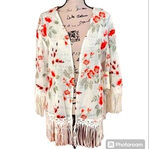 New Reba Ivory floral Fringe Open Cardigan Size S/M